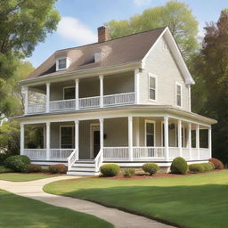 A traditional-style house with the main entrance positioned on the left side of the building. The house features an impressive two-story porch.