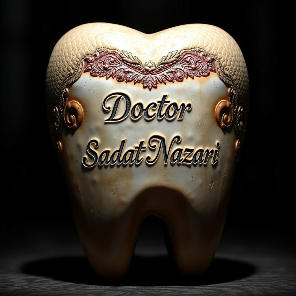 A large, intricately carved tooth with the text "Doctor Raoufa Sadat Nazari" elegantly engraved on the surface
