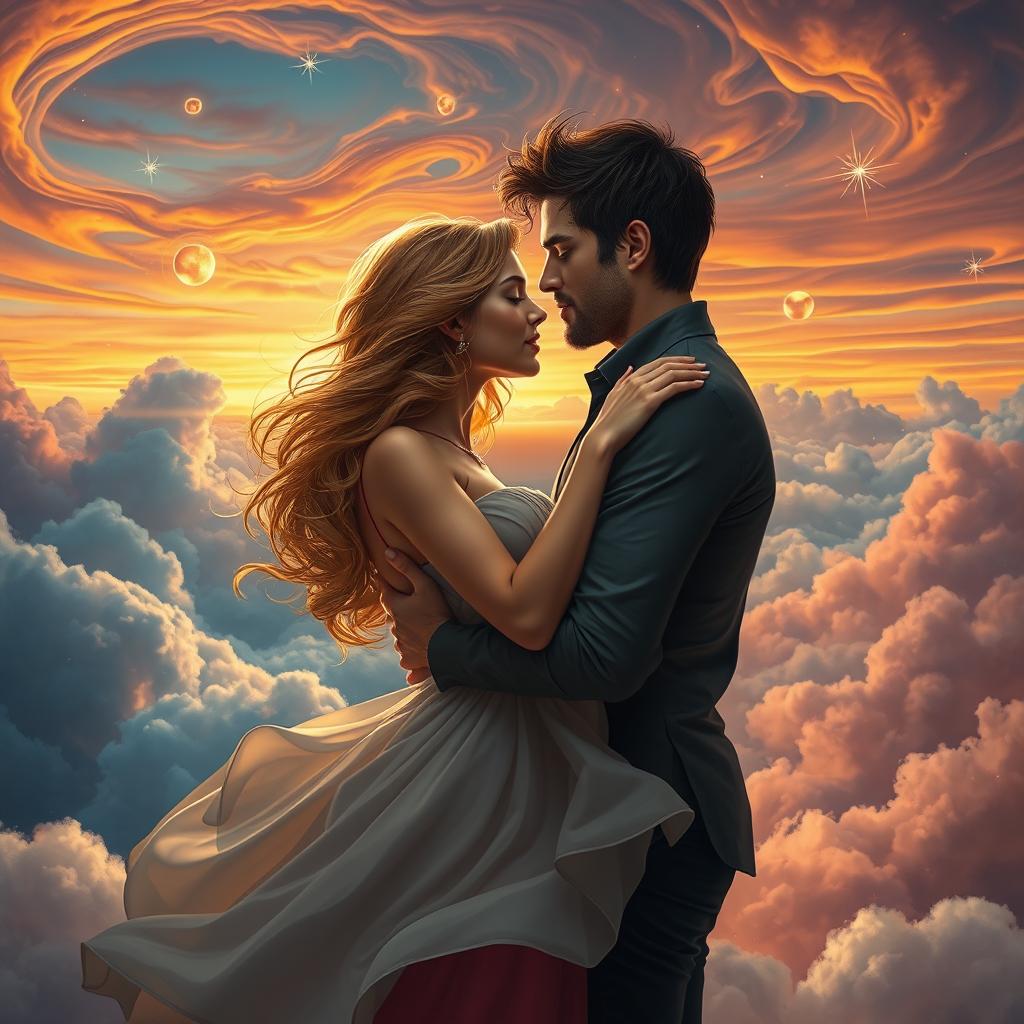 A romantic scene of lovers embracing each other tenderly in a fantastic atmosphere, surrounded by swirling clouds of vibrant colors that resemble a dreamlike sunset