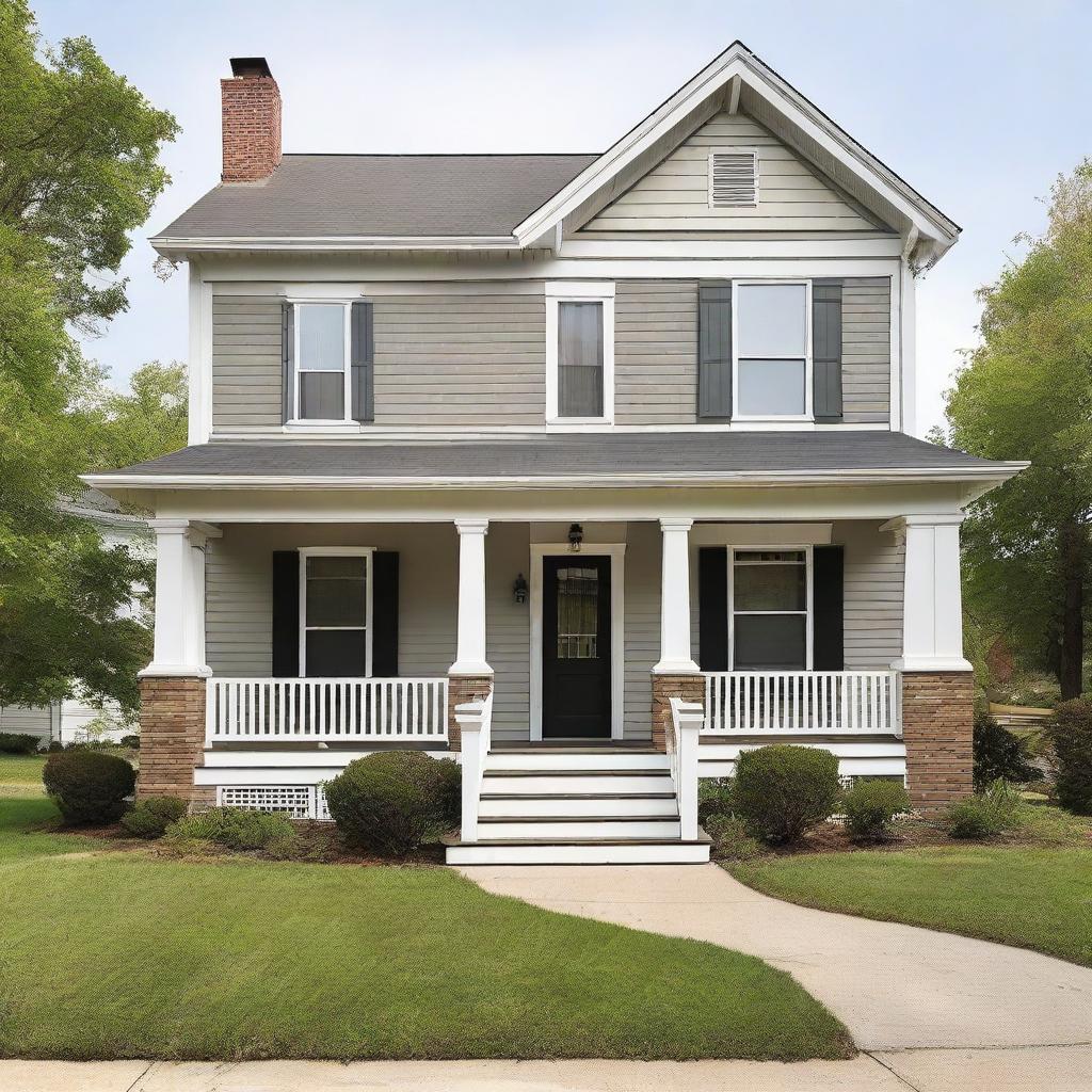 A traditional-style house with the main entrance positioned on the left side of the building. The house features an impressive two-story porch.