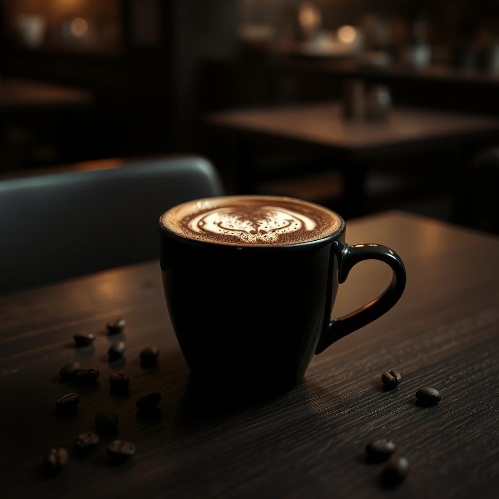 A dark, intense cappuccino with intricate latte art resembling a menacing skull, served in a sleek black cup