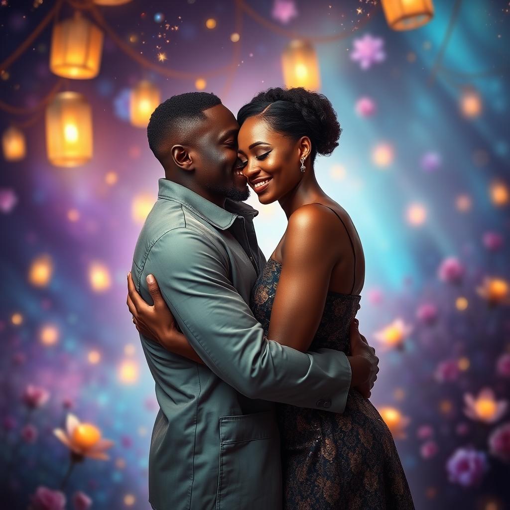 A romantic scene featuring a loving couple of black lovers, embraced in each other's arms