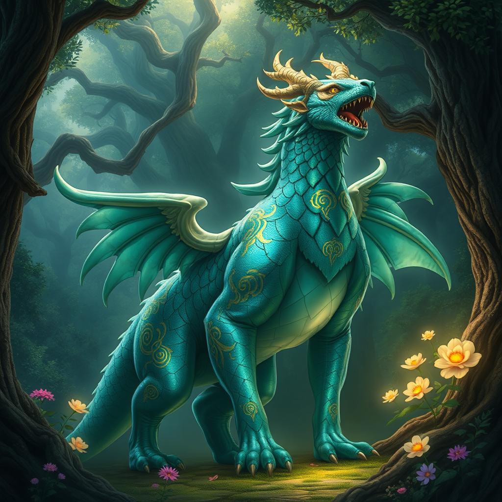 A powerful, majestic creature that embodies strength and wisdom, standing tall in a lush, mystical forest