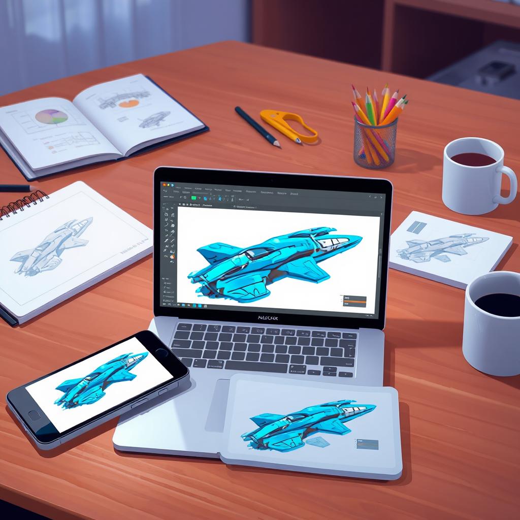 A digital illustration showing a laptop, mobile phone, and tablet on a wooden desk, all displaying an ongoing design project of a futuristic blue spaceship