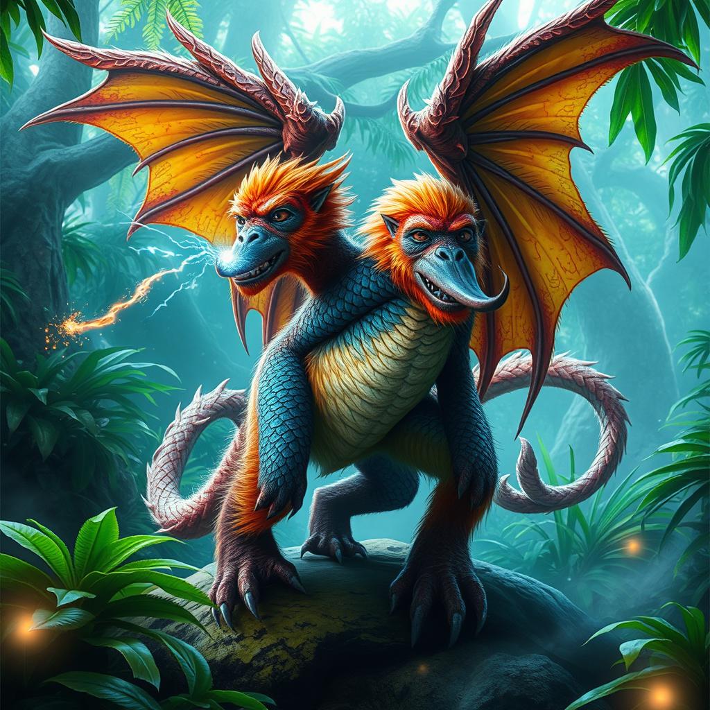 A fantastical creature that is a fusion of a dragon and an orangutan, featuring vibrant scales and fur combined, with a muscular body, large wings resembling dragon wings but with orangutan-like fur textures
