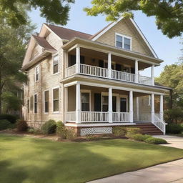 A traditional-style house with the main entrance positioned on the left side of the building. The house features an impressive two-story porch.