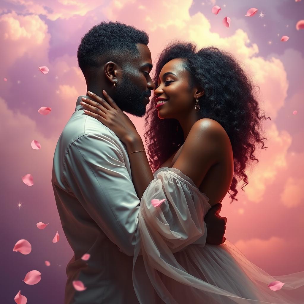 A romantic and ethereal scene featuring a beautiful couple of Black lovers, deeply in love, embracing each other tenderly