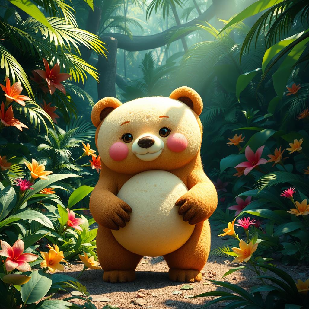 A whimsical bear that is creatively fused with a loaf of bread, standing in a vibrant jungle full of lush greenery, exotic plants, and colorful tropical flowers