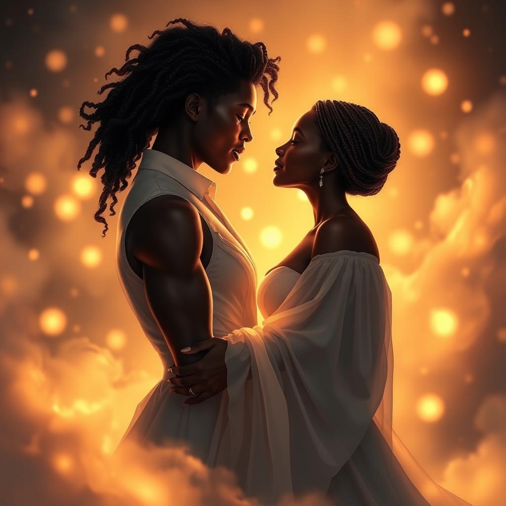 A romantic scene featuring a couple of black lovers embraced in a tender moment, surrounded by an ethereal atmosphere filled with soft, shimmering lights