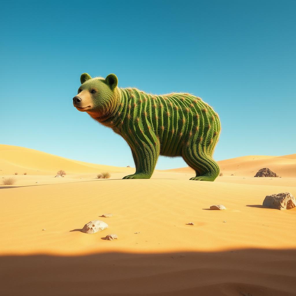 A whimsical scene featuring a bear fused with a cactus, set in a vast desert landscape