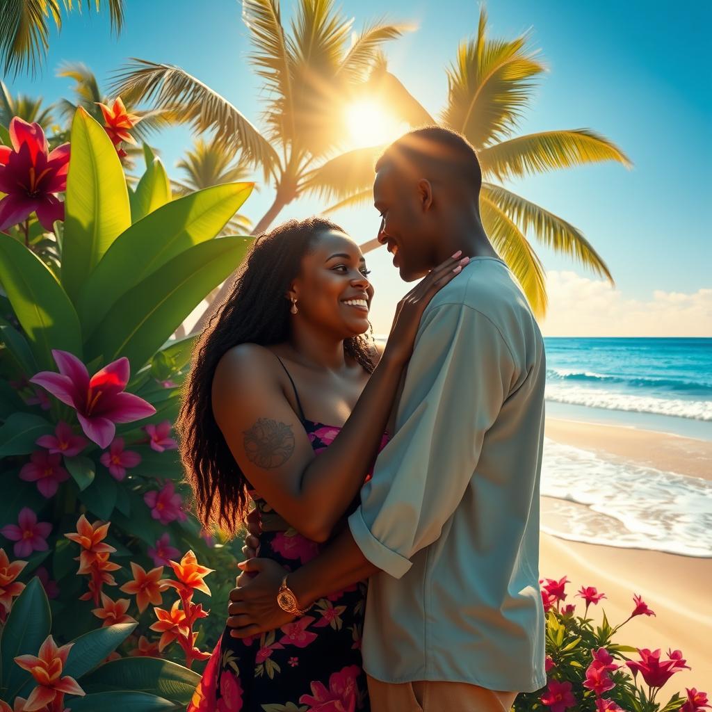 A romantic scene depicting a joyful embrace between two black lovers in a paradisiacal atmosphere, surrounded by lush tropical foliage, vibrant flowers, and a serene beach in the background
