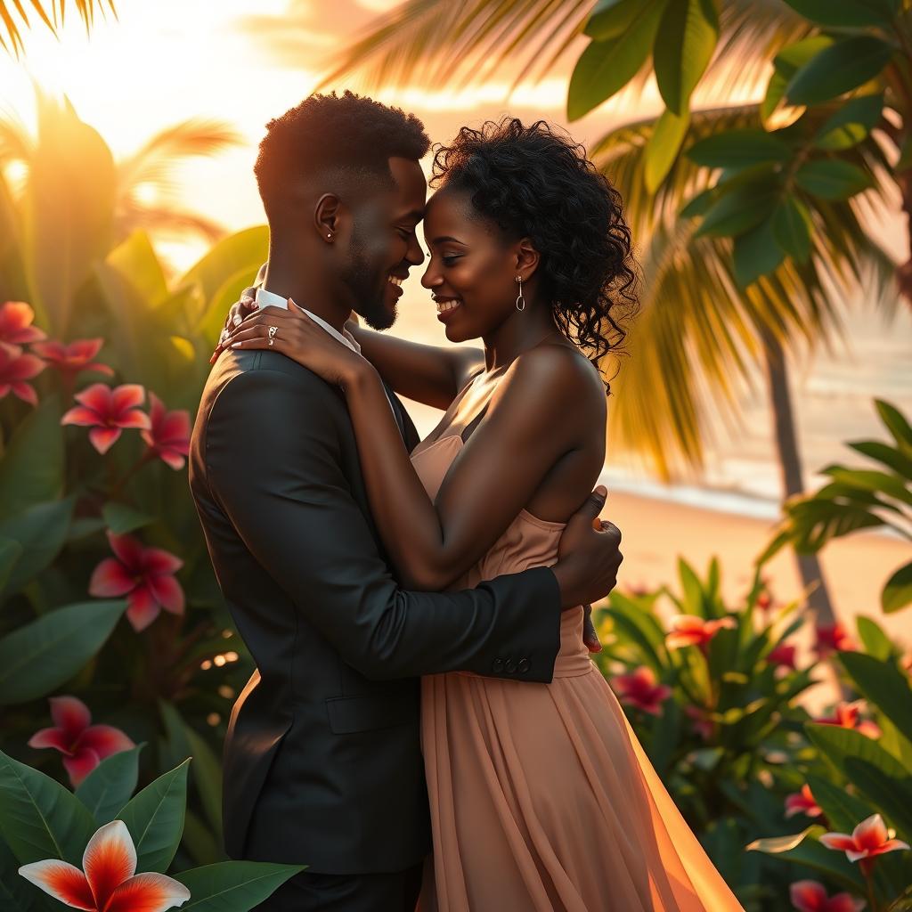 A tender scene of two black lovers embracing in a tropical paradise
