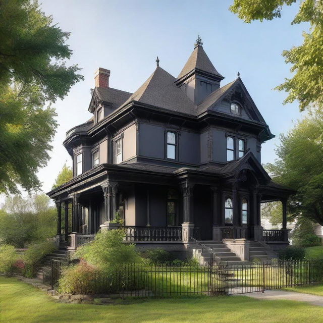 A gothic-style house with a classical touch, where the main entrance is on the left. It features a prominent two-story porch.