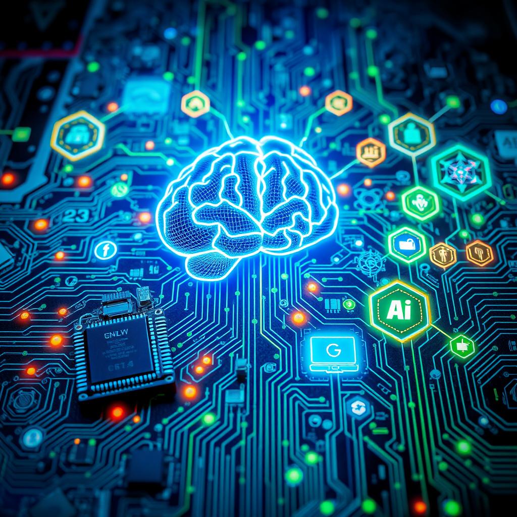A vibrant and visually engaging newspaper background themed around artificial intelligence, featuring futuristic elements such as circuit boards, brain-like neural networks, and glowing digital icons representing various AI technologies