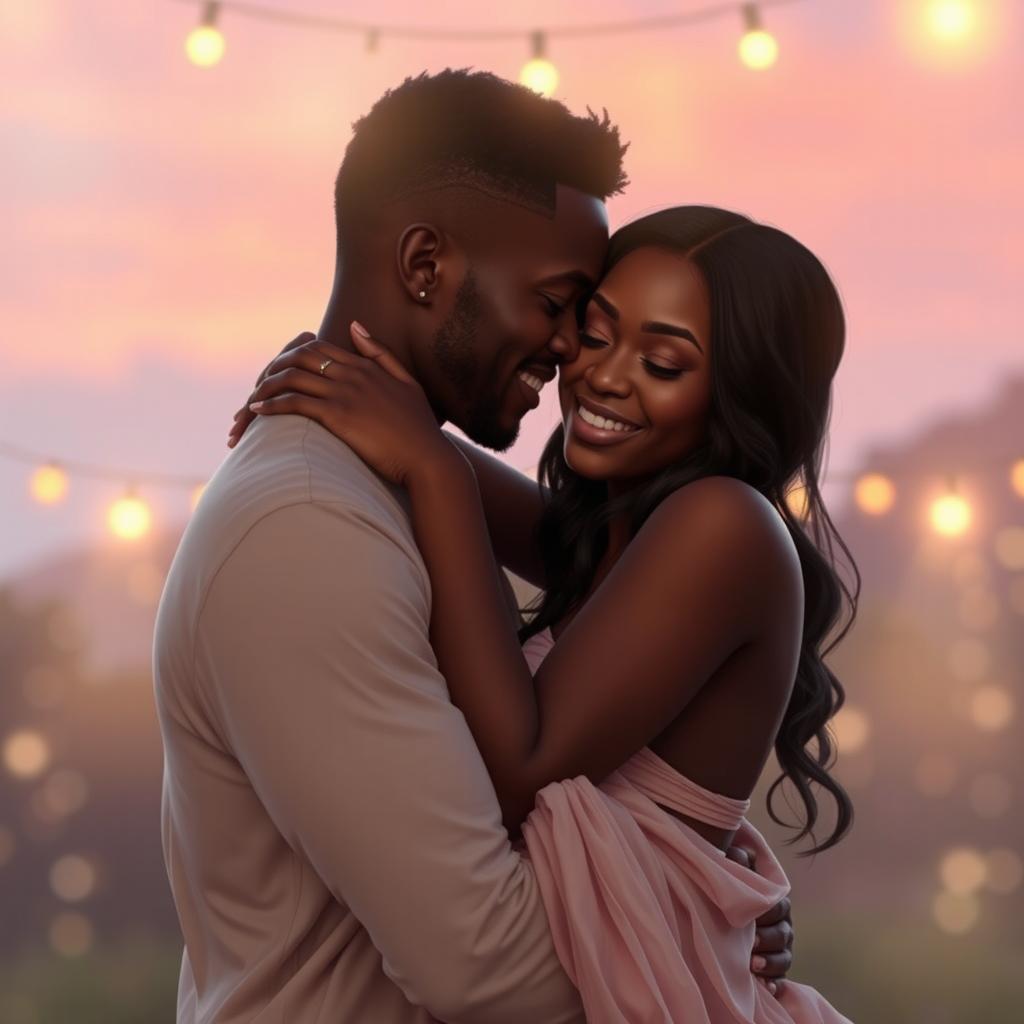 A tender scene featuring two black lovers in an intimate embrace, surrounded by a romantic and dreamy atmosphere