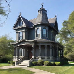 A gothic-style house with a classical touch, where the main entrance is on the left. It features a prominent two-story porch.