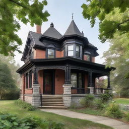 A gothic-style house with a classical touch, where the main entrance is on the left. It features a prominent two-story porch.