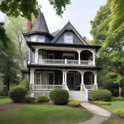 A gothic-style house with a classical touch, where the main entrance is on the left. It features a prominent two-story porch.