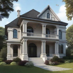 A gothic-classical house design blended with modern elements, with the main entrance on the left side. The house includes a double-height porch.