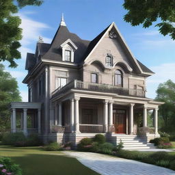 A gothic-classical house design blended with modern elements, with the main entrance on the left side. The house includes a double-height porch.