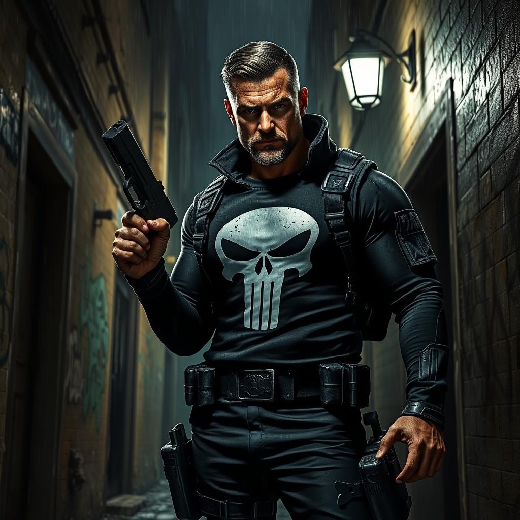 A powerful image of a gritty urban vigilante inspired by the character 'The Punisher'