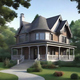 A gothic-classical house design blended with modern elements, with the main entrance on the left side. The house includes a double-height porch.