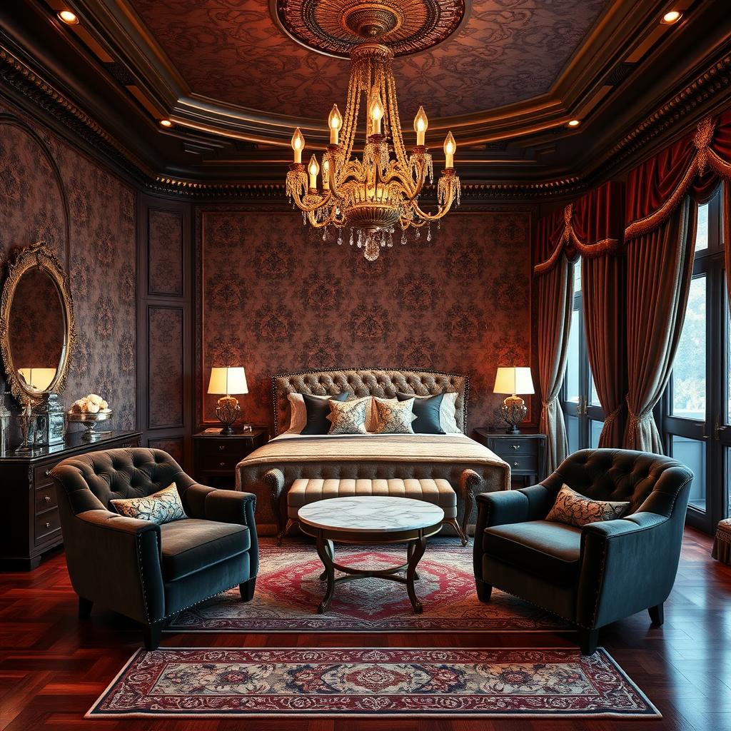 An opulent luxury bedroom featuring an exquisitely designed interior