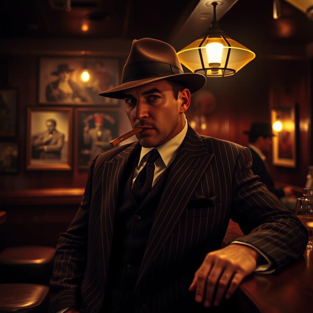 A mafia gangster in a dimly lit speakeasy, wearing a classic pinstripe suit and a fedora