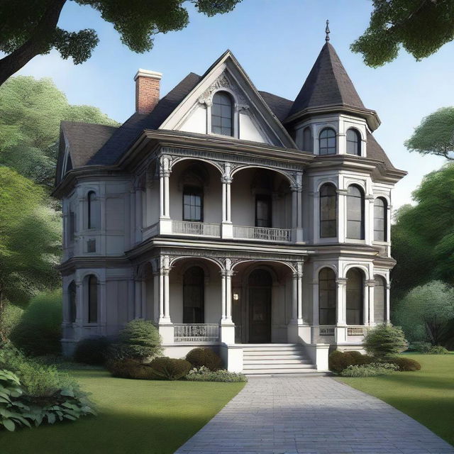 A gothic-classical house design blended with modern elements, with the main entrance on the left side. The house includes a double-height porch.