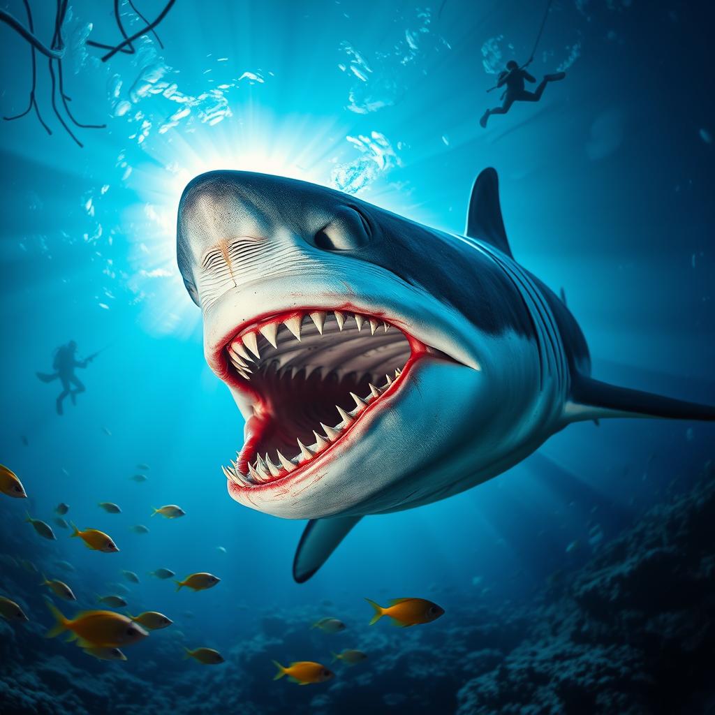 A dramatic and atmospheric underwater scene depicting a large, menacing shark with its jaws open wide, ready to attack
