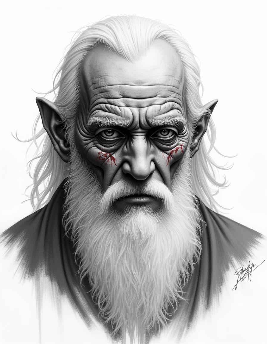 An elderly wizard with half of his face disfigured by burns, depicted in a hand-drawn style