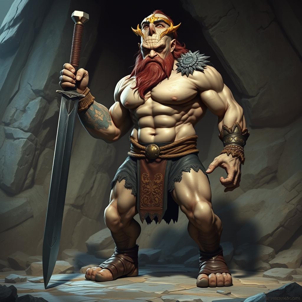 A full-body depiction of a cyclops with a single eye, standing fiercely with a large sword in its hand