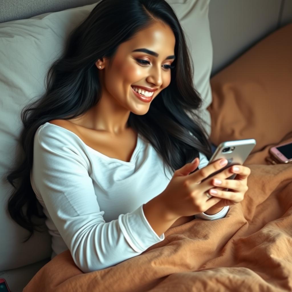 A beautiful Latina woman lying in bed, casually dressed, holding a smartphone