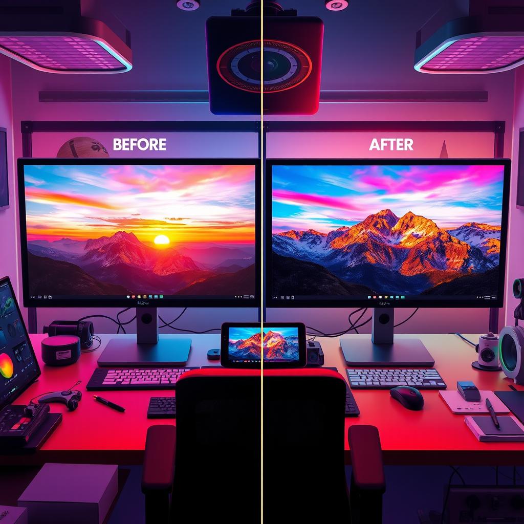 An artistic digital representation of a photo enhancement process, featuring a vibrant workspace with high-tech screens displaying before-and-after images of a landscape