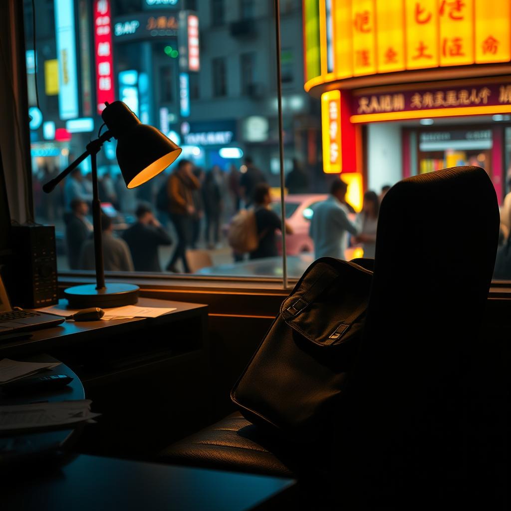 An empty, dark and gloomy work station featuring a laptop bag resting on an office chair, creating a stark contrast with a bright and busy surrounding environment filled with vibrant colors and activity