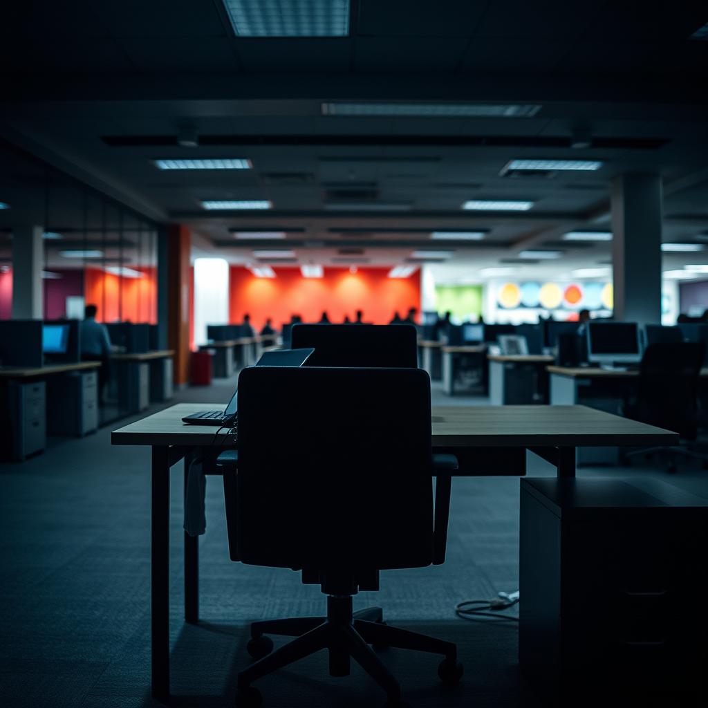 An empty, dark, and gloomy workstation with a laptop bag resting on an unoccupied chair, creating a stark contrast against a vibrant, busy environment