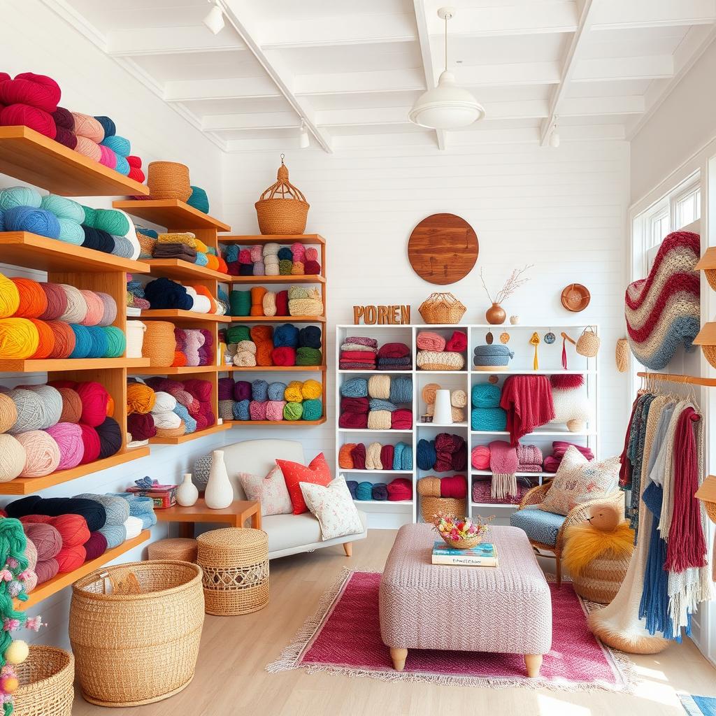 A cozy yarn store featuring floating wooden shelves filled with vibrant yarns and an attractive display of knitted and woven textiles
