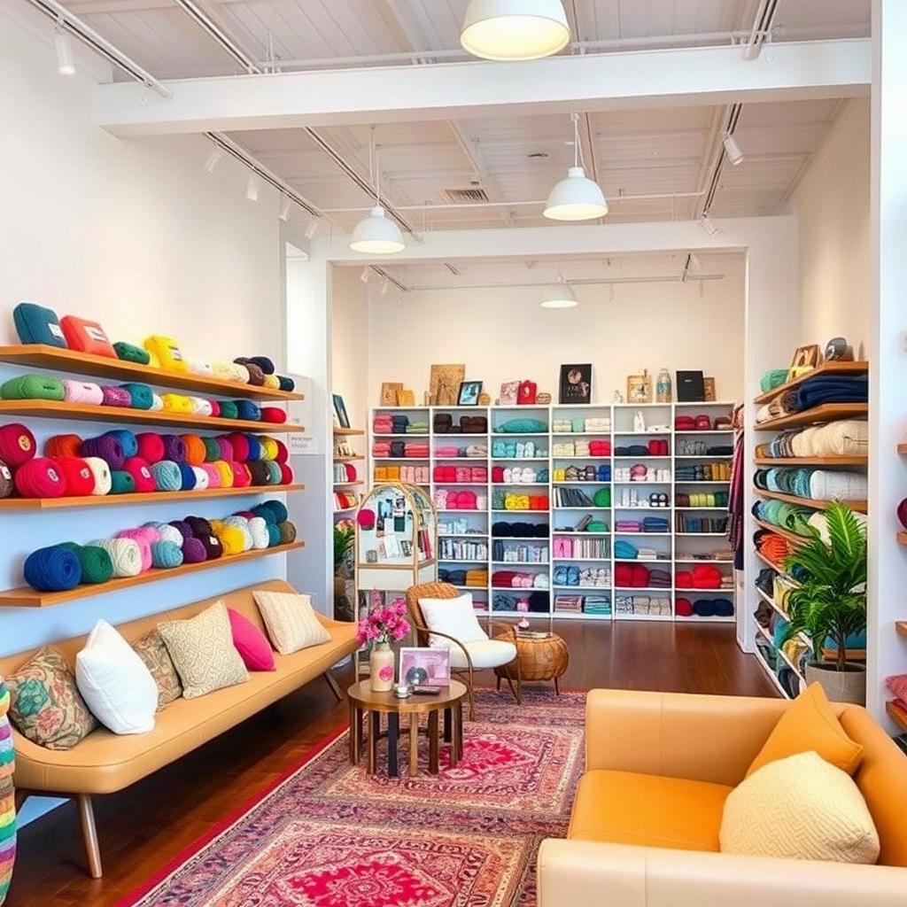 A cozy yarn store featuring an open concept design with separated spaces