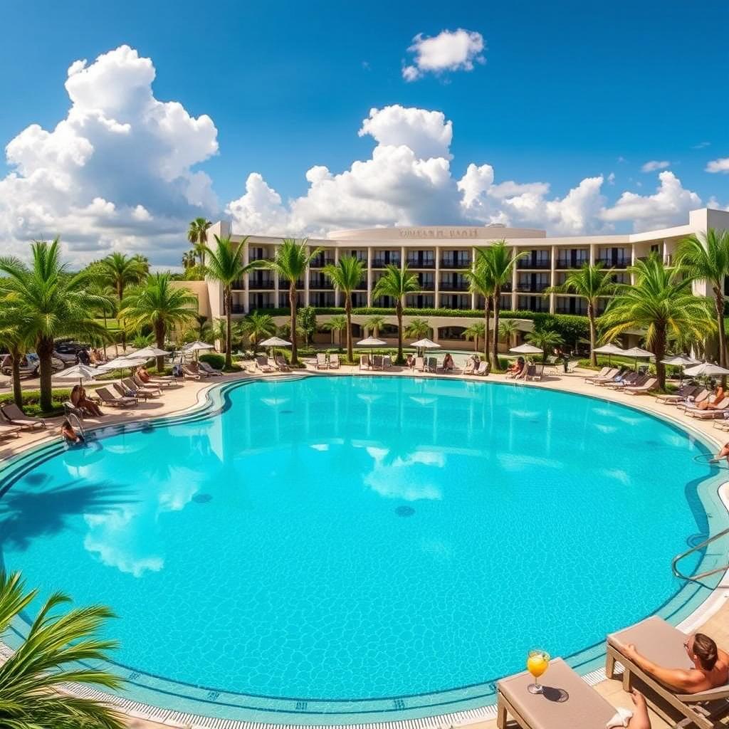 A luxurious resort pool surrounded by palm trees, with crystal clear blue water reflecting the sky