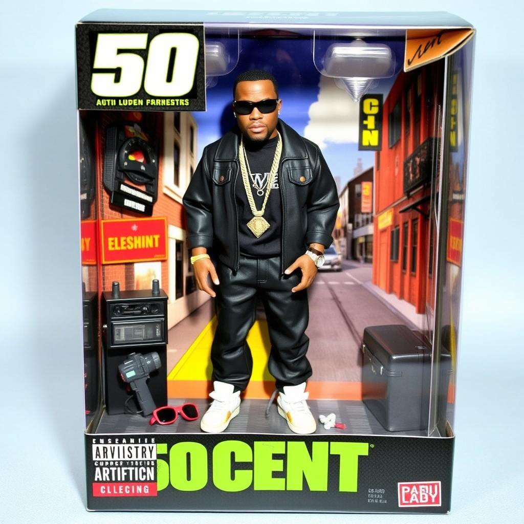 An action figure of the rapper 50 Cent, displayed in a classic collectible box