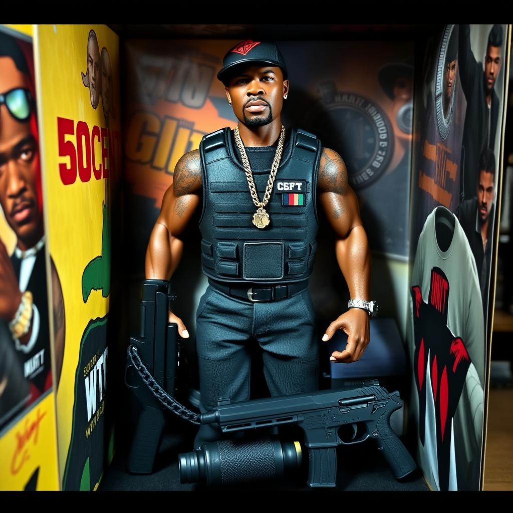 A highly detailed action figure of the rapper 50 Cent, standing proudly in its box