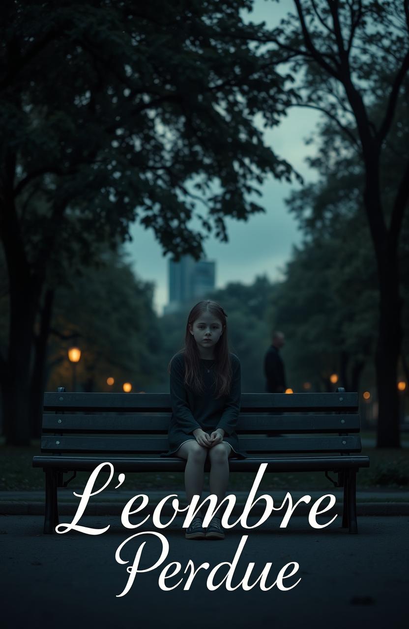 A somber and melancholic city park scene during dusk with lush trees, creating a serene yet emotionally charged atmosphere