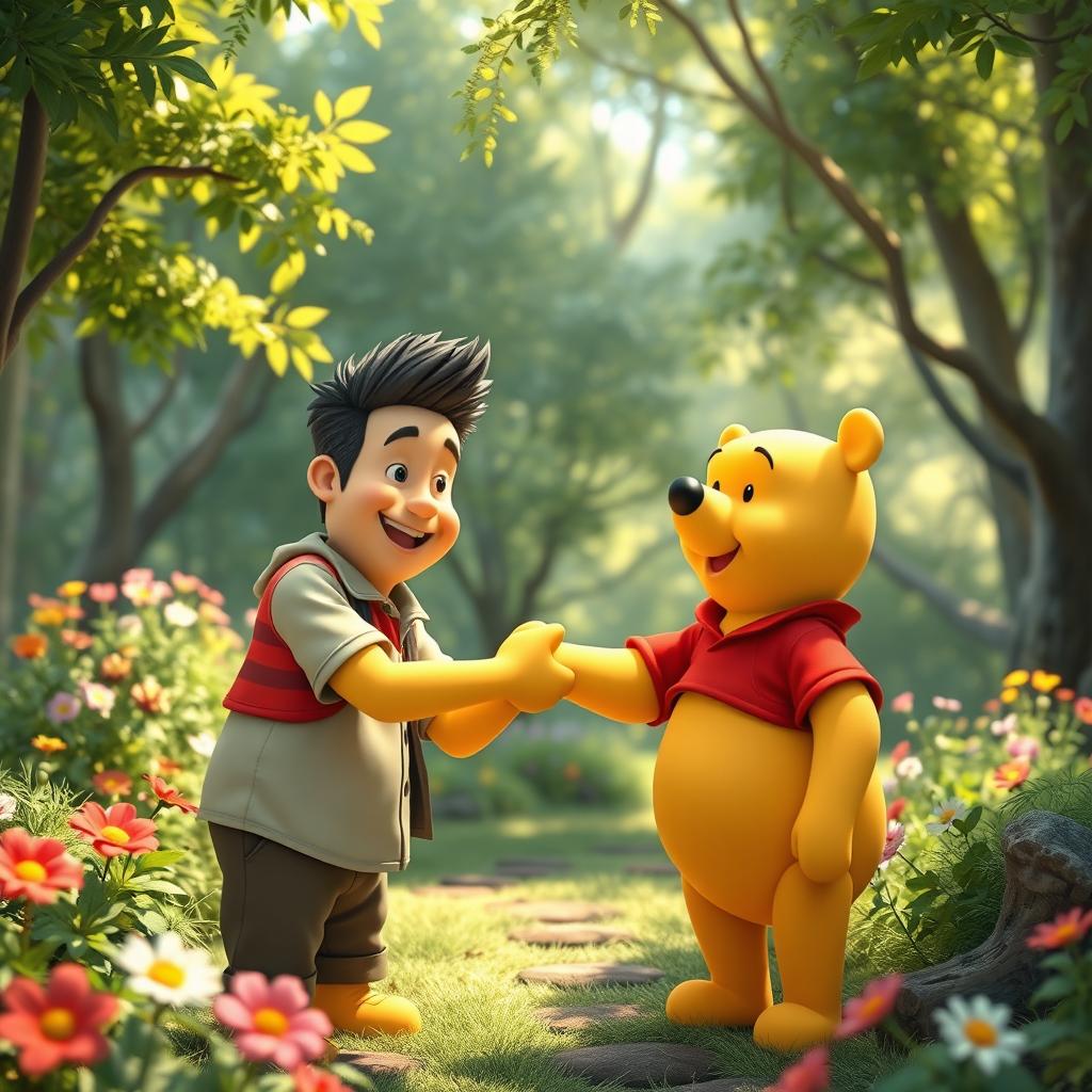 An imaginative scene featuring MC Isti shaking hands with Winnie the Pooh in a bright, whimsical forest setting