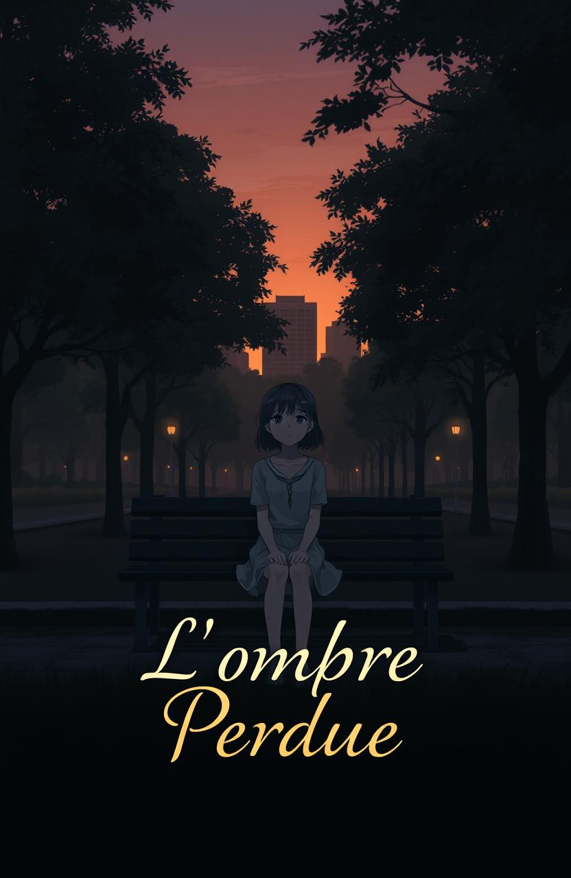 A melancholic and somber scene depicting a deserted city park at dusk