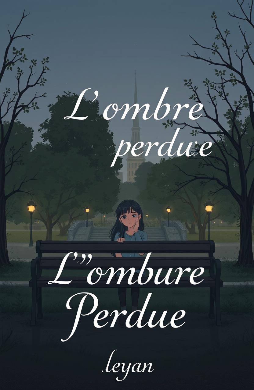 A melancholic and somber city park scene during dusk, featuring lush trees and a quiet atmosphere