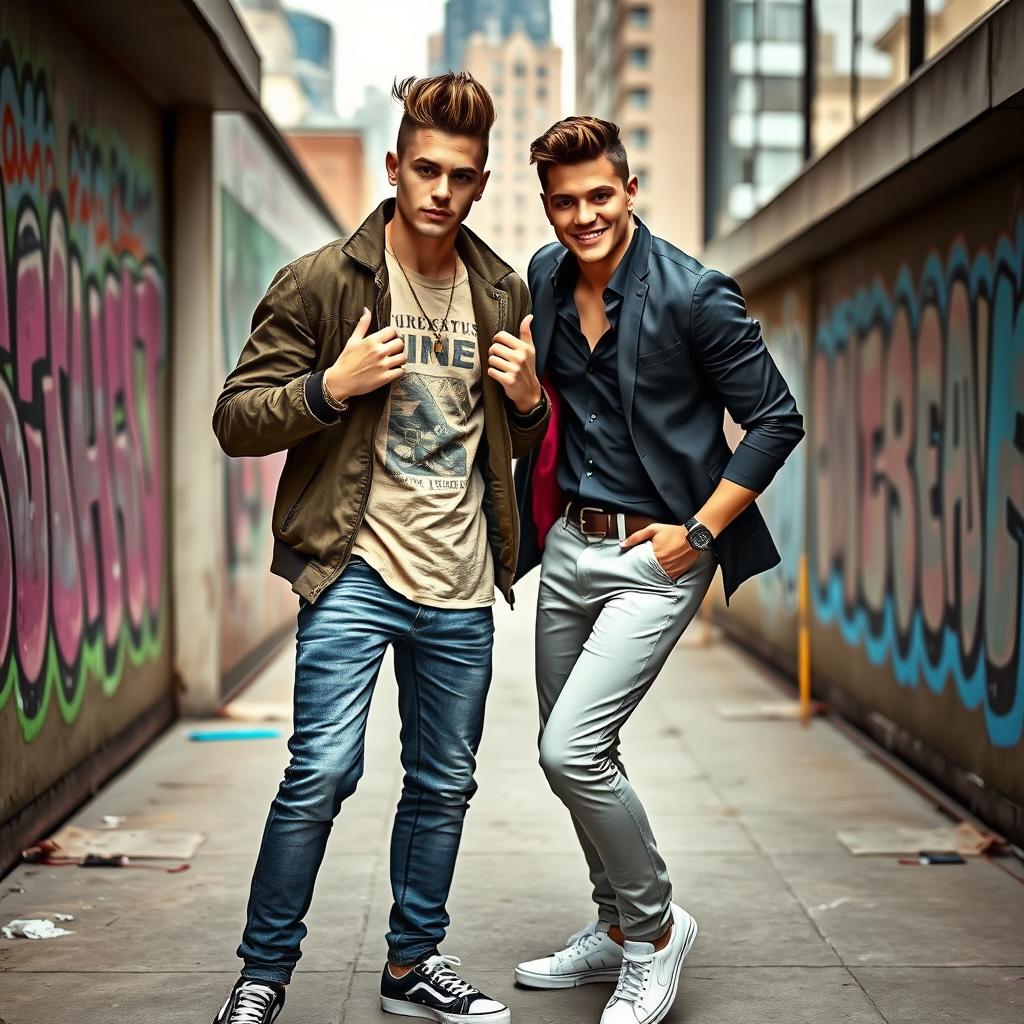 A vibrant and dynamic scene featuring two male models, Isti and Bartos Cs