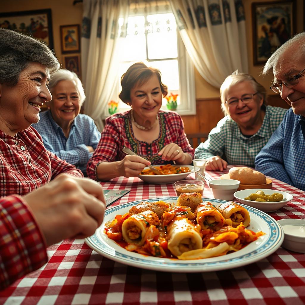 A scene of a traditional Hungarian family dining together