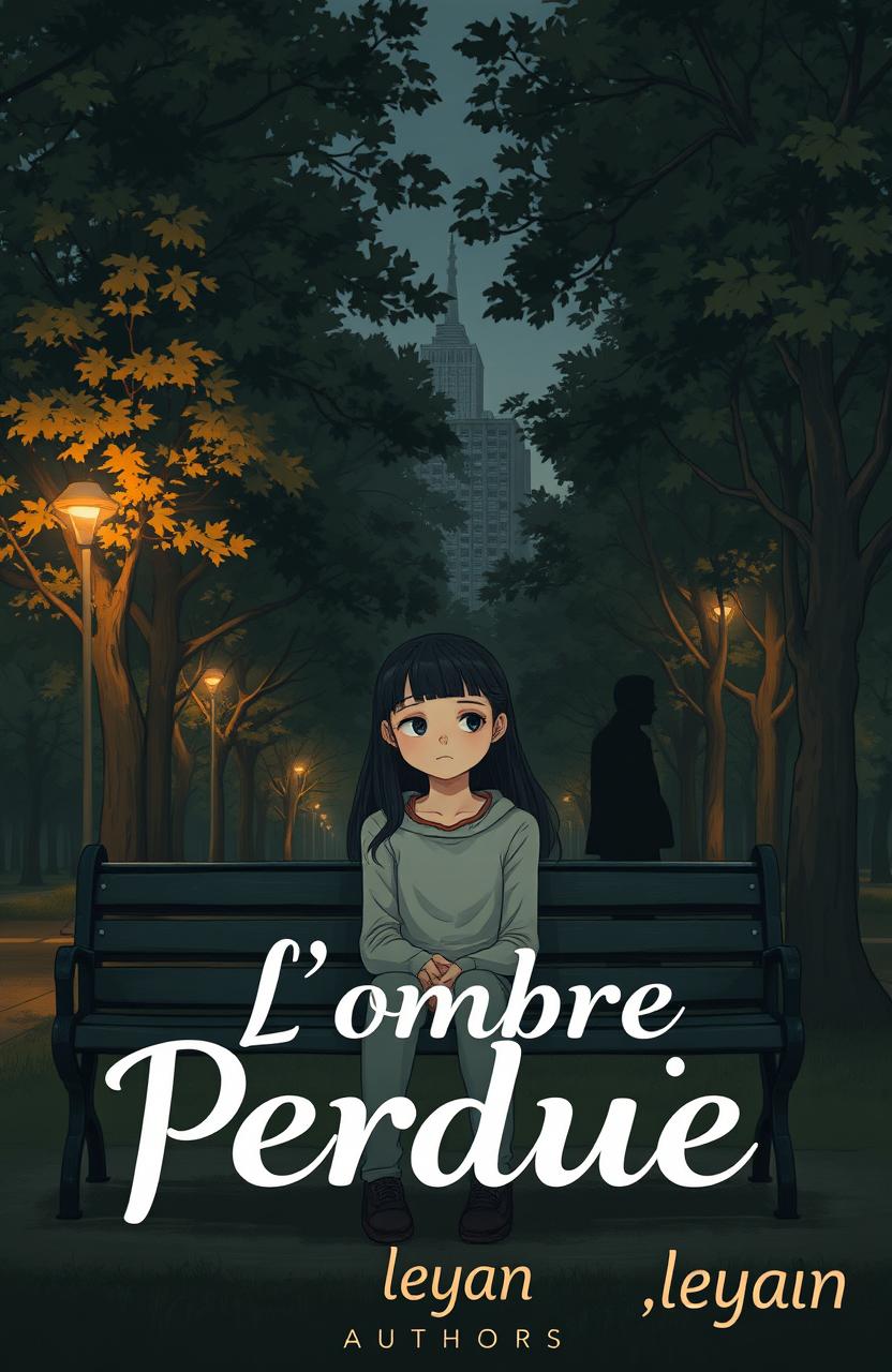 A melancholic and gloomy city park scene, featuring lush trees illuminated by the warm light of dusk