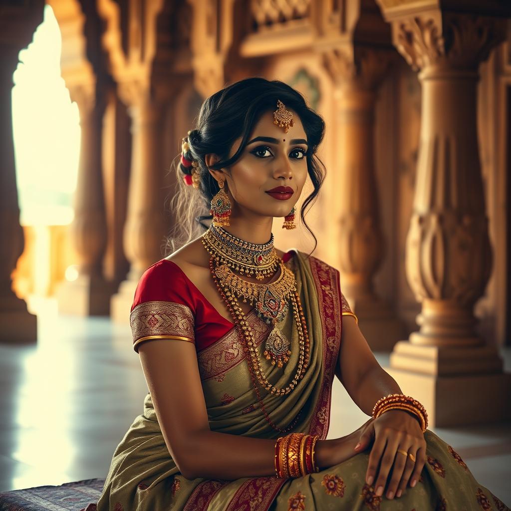 A beautiful Indian princess seated gracefully in a sandstone palace, adorned in exquisite royal attire that showcases rich traditional Rajasthani jewelry