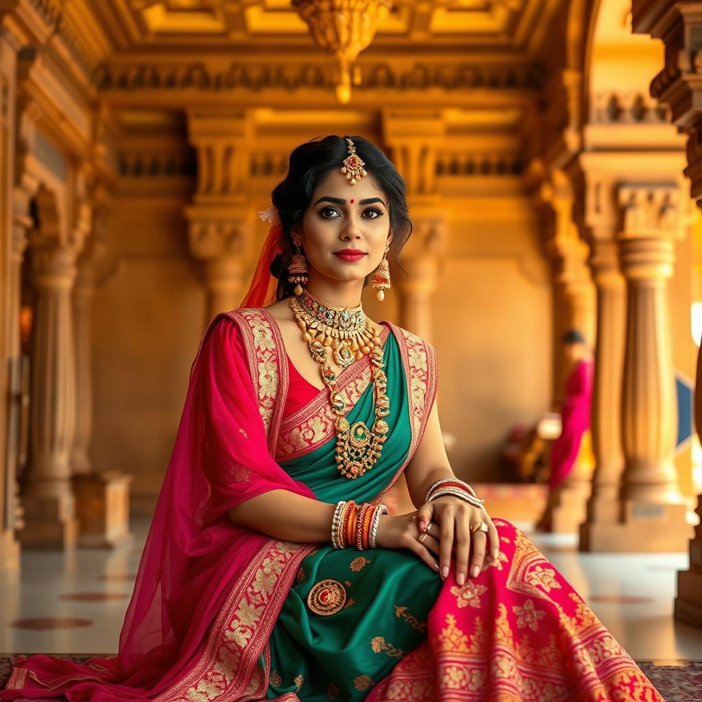 A beautiful Indian princess sitting gracefully in a stunning sandstone palace, dressed in luxurious royal attire that features vibrant colors and intricate embroidery
